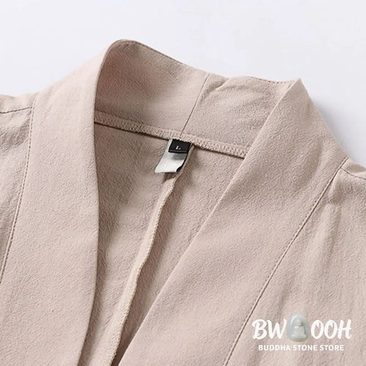 Buddha Stones Long Sleeve Buttons Design Men’s Open Front Cotton Linen Jacket Kimono With Pockets - Men’s Kimono