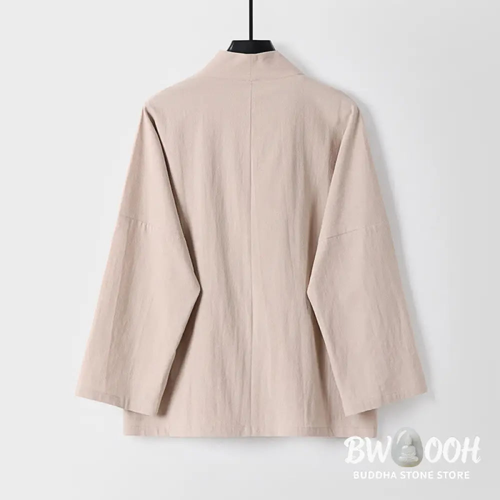 Buddha Stones Long Sleeve Buttons Design Men’s Open Front Cotton Linen Jacket Kimono With Pockets - Men’s Kimono
