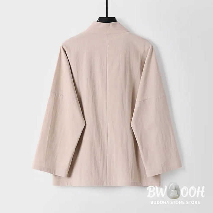 Buddha Stones Long Sleeve Buttons Design Men’s Open Front Cotton Linen Jacket Kimono With Pockets - Men’s Kimono