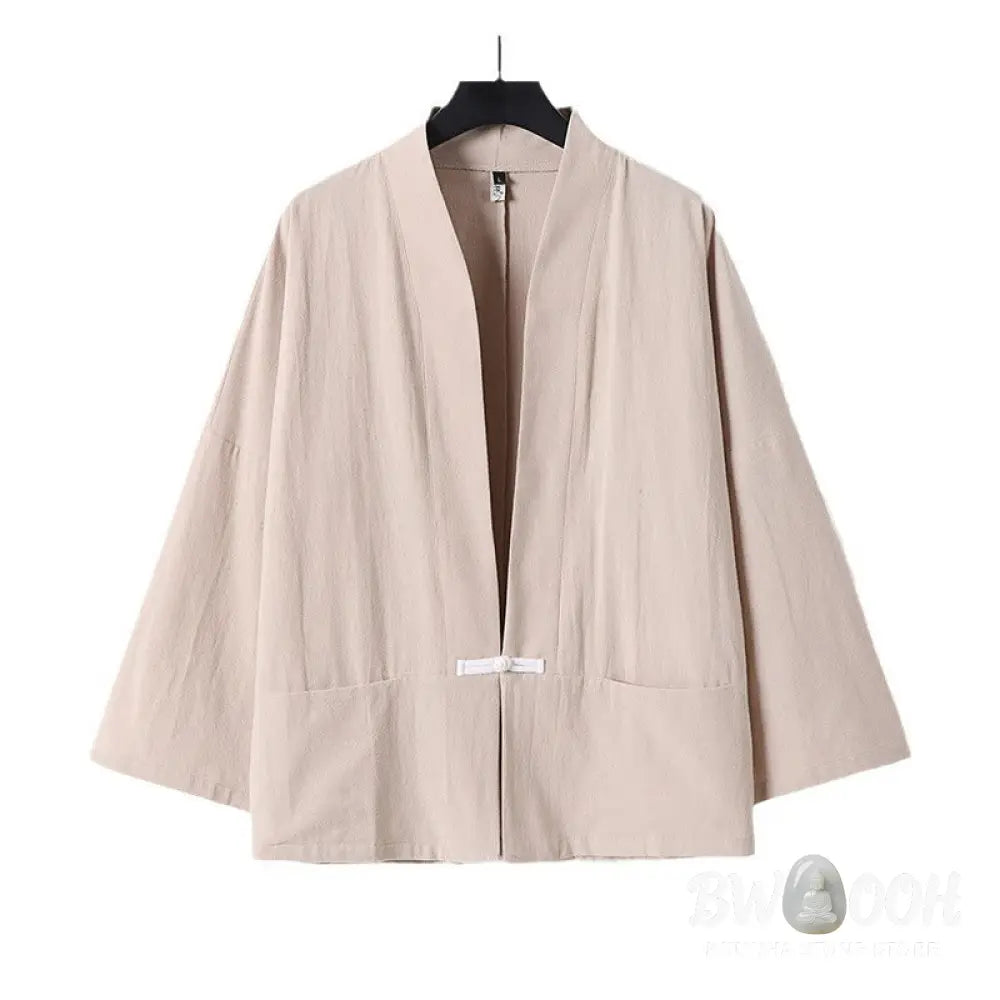 Buddha Stones Long Sleeve Buttons Design Men’s Open Front Cotton Linen Jacket Kimono With Pockets - Men’s Kimono