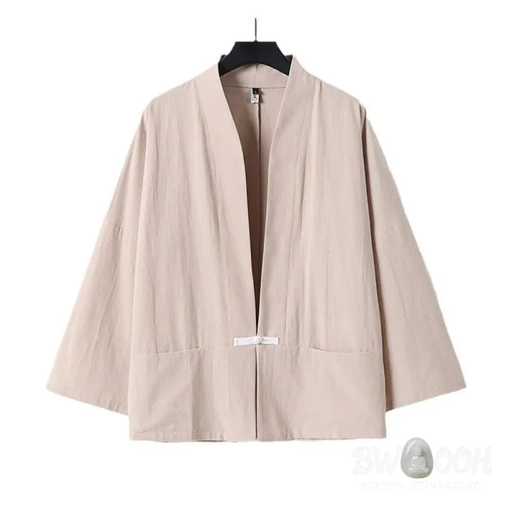 Buddha Stones Long Sleeve Buttons Design Men’s Open Front Cotton Linen Jacket Kimono With Pockets - Men’s Kimono