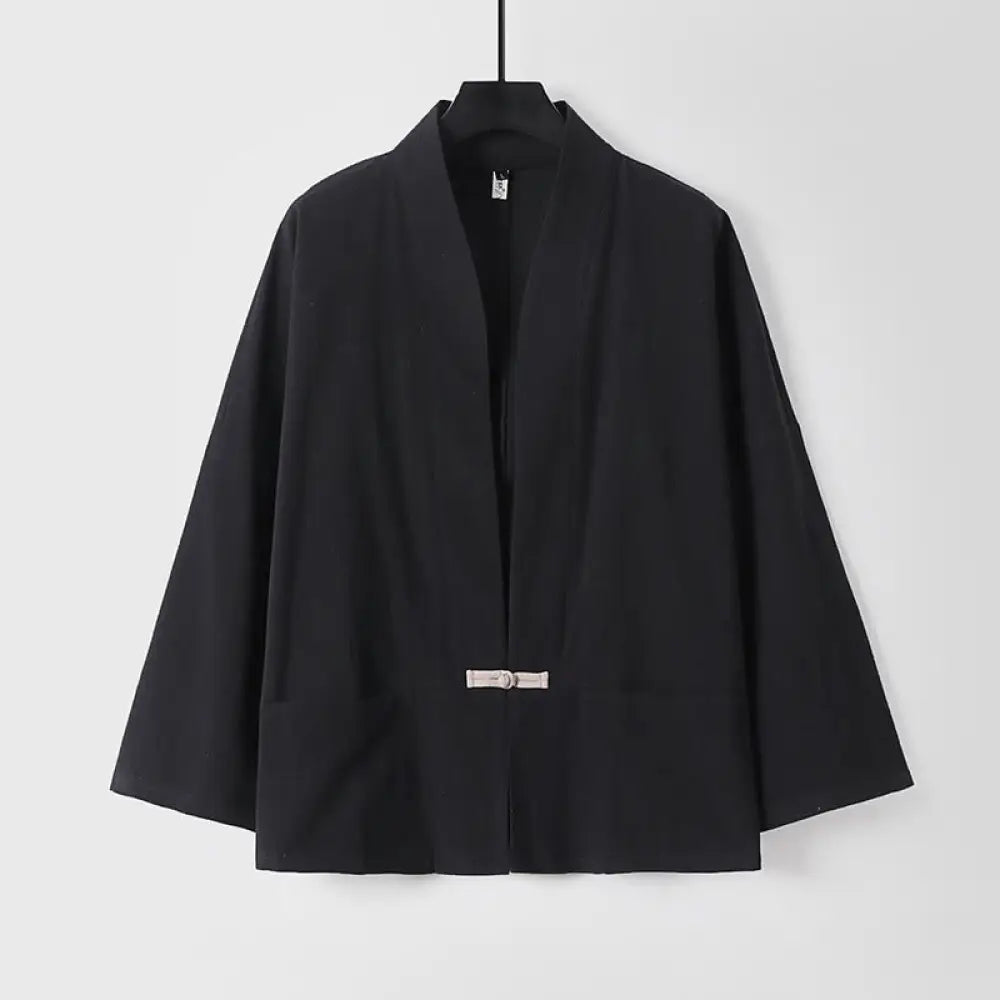 Buddha Stones Long Sleeve Buttons Design Men’s Open Front Cotton Linen Jacket Kimono With Pockets - Black