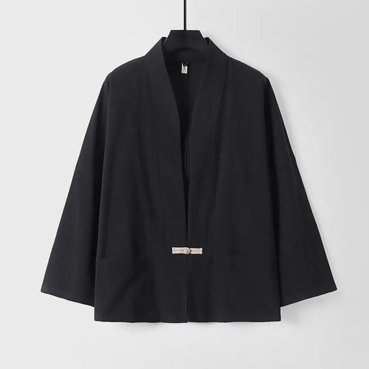 Buddha Stones Long Sleeve Buttons Design Men’s Open Front Cotton Linen Jacket Kimono With Pockets - Black