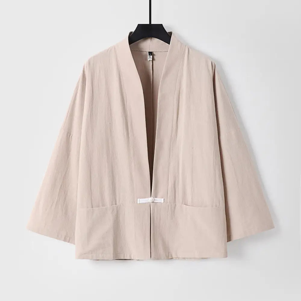 Buddha Stones Long Sleeve Buttons Design Men’s Open Front Cotton Linen Jacket Kimono With Pockets - BlanchedAlmond