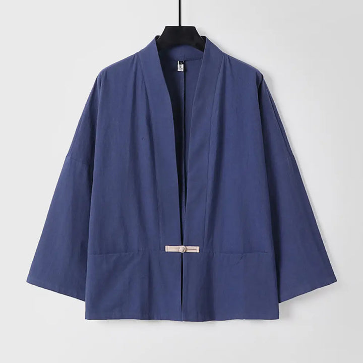 Buddha Stones Long Sleeve Buttons Design Men’s Open Front Cotton Linen Jacket Kimono With Pockets - DarkSlateBlue