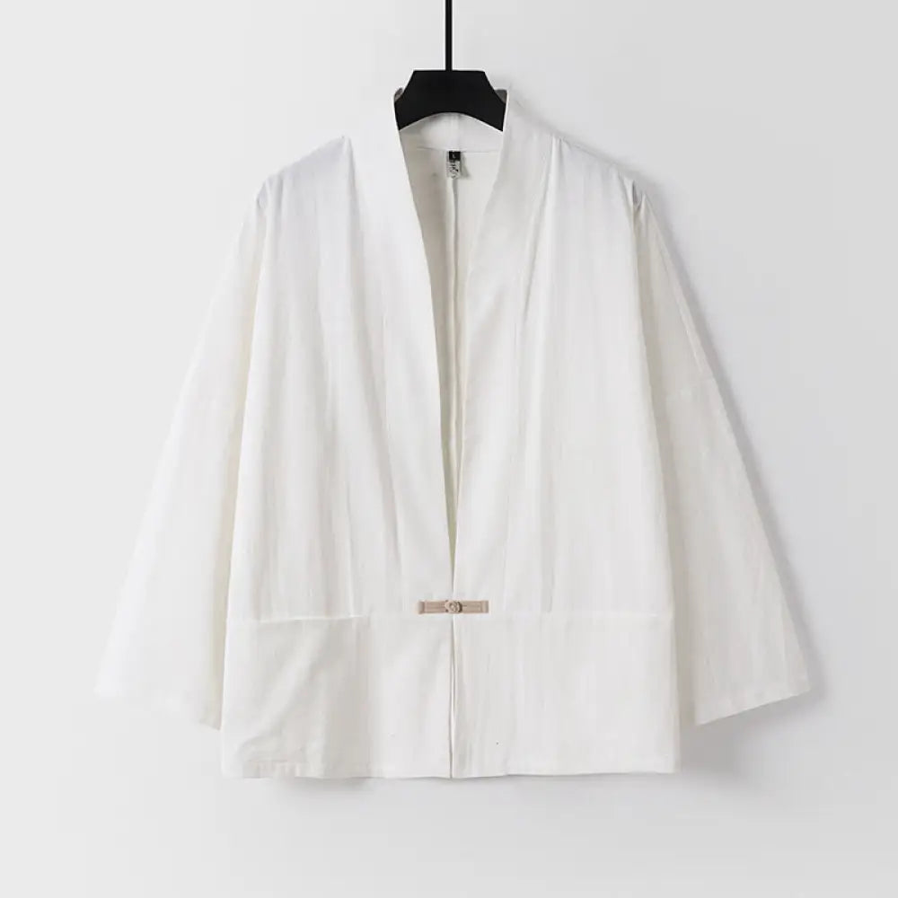 Buddha Stones Long Sleeve Buttons Design Men’s Open Front Cotton Linen Jacket Kimono With Pockets - White