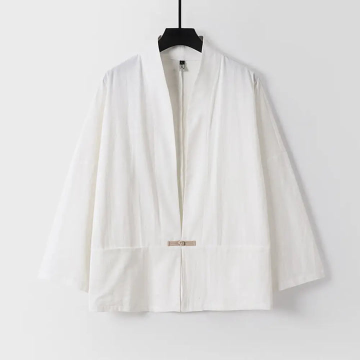 Buddha Stones Long Sleeve Buttons Design Men’s Open Front Cotton Linen Jacket Kimono With Pockets - White