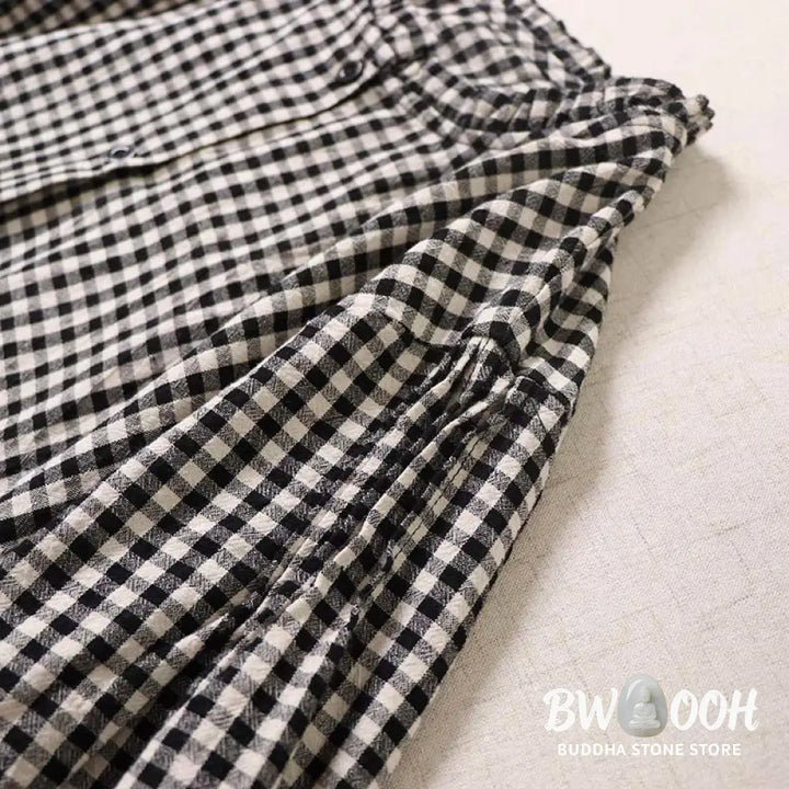 Buddha Stones Long Sleeve Plaid Simple Buttons Ruffled Design Midi Dress With Pockets - Midi Dress