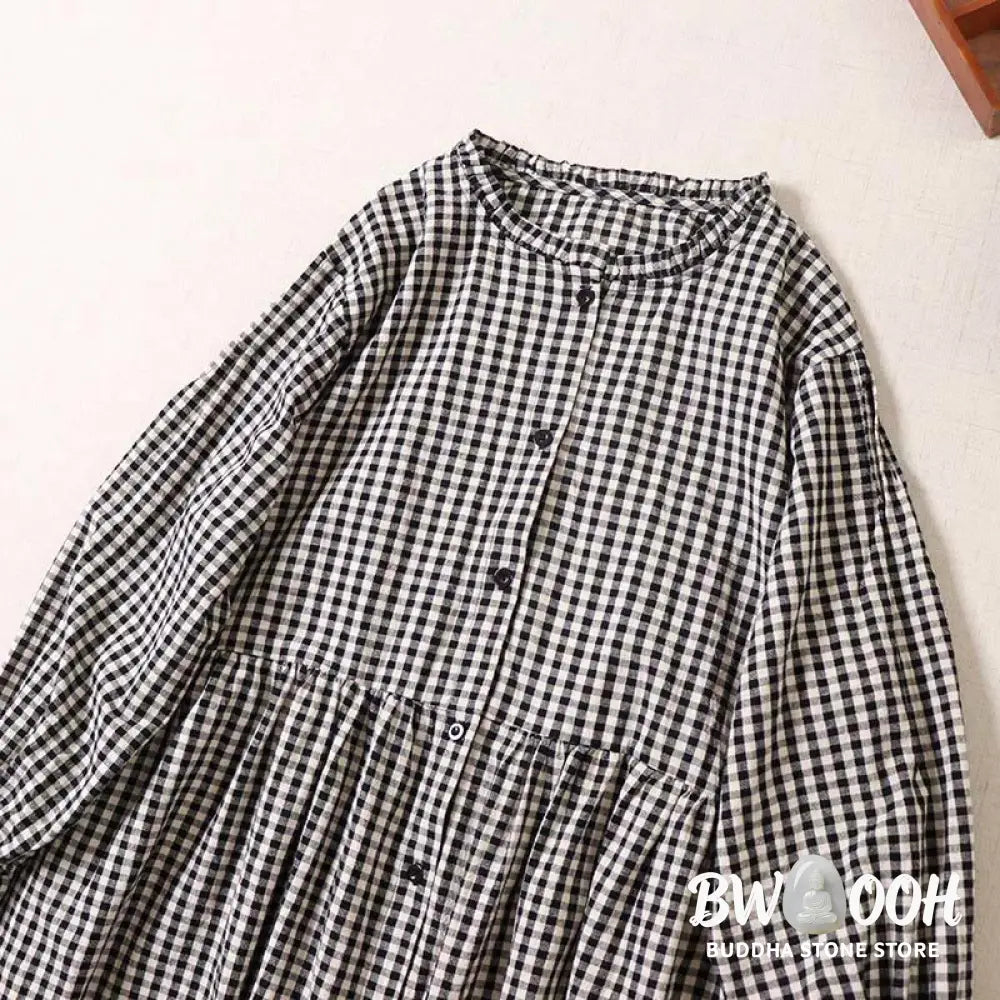 Buddha Stones Long Sleeve Plaid Simple Buttons Ruffled Design Midi Dress With Pockets - Midi Dress