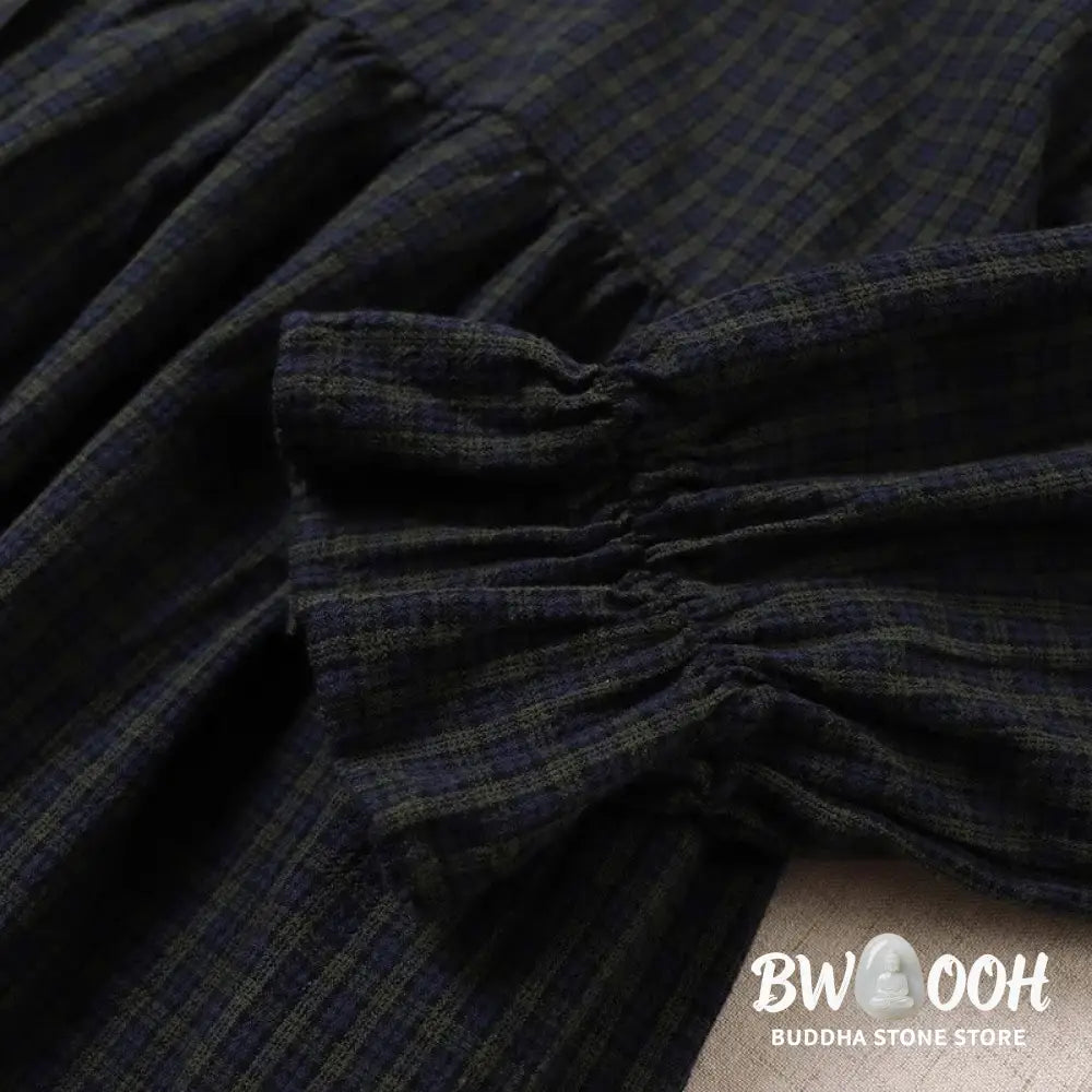 Buddha Stones Long Sleeve Plaid Simple Buttons Ruffled Design Midi Dress With Pockets - Midi Dress
