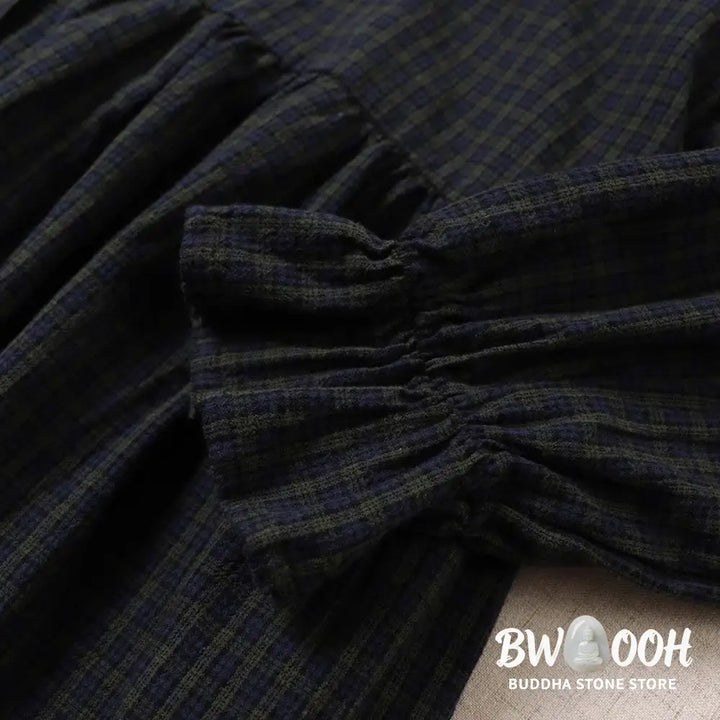 Buddha Stones Long Sleeve Plaid Simple Buttons Ruffled Design Midi Dress With Pockets - Midi Dress
