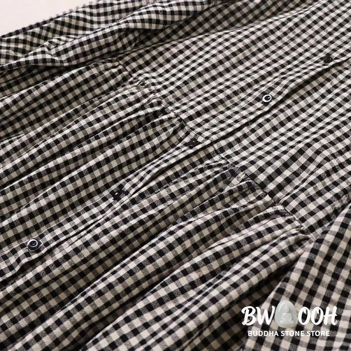 Buddha Stones Long Sleeve Plaid Simple Buttons Ruffled Design Midi Dress With Pockets - Midi Dress