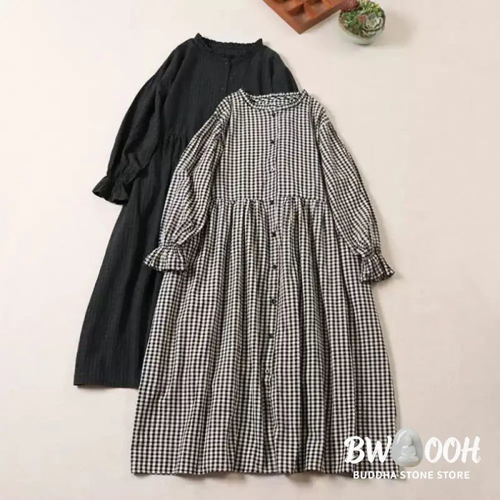 Buddha Stones Long Sleeve Plaid Simple Buttons Ruffled Design Midi Dress With Pockets - Midi Dress