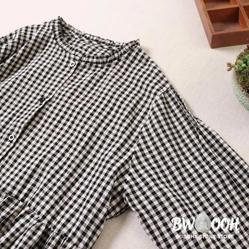 Buddha Stones Long Sleeve Plaid Simple Buttons Ruffled Design Midi Dress With Pockets - Midi Dress