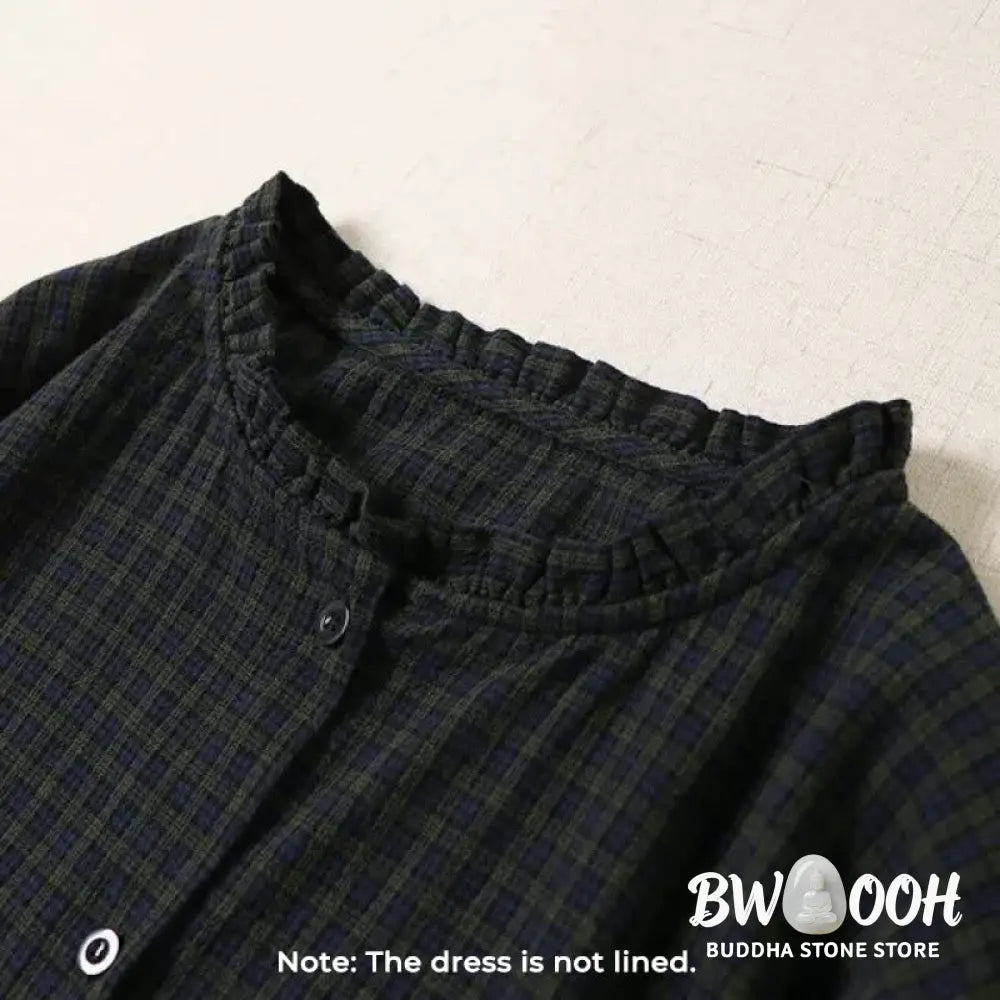 Buddha Stones Long Sleeve Plaid Simple Buttons Ruffled Design Midi Dress With Pockets - Midi Dress