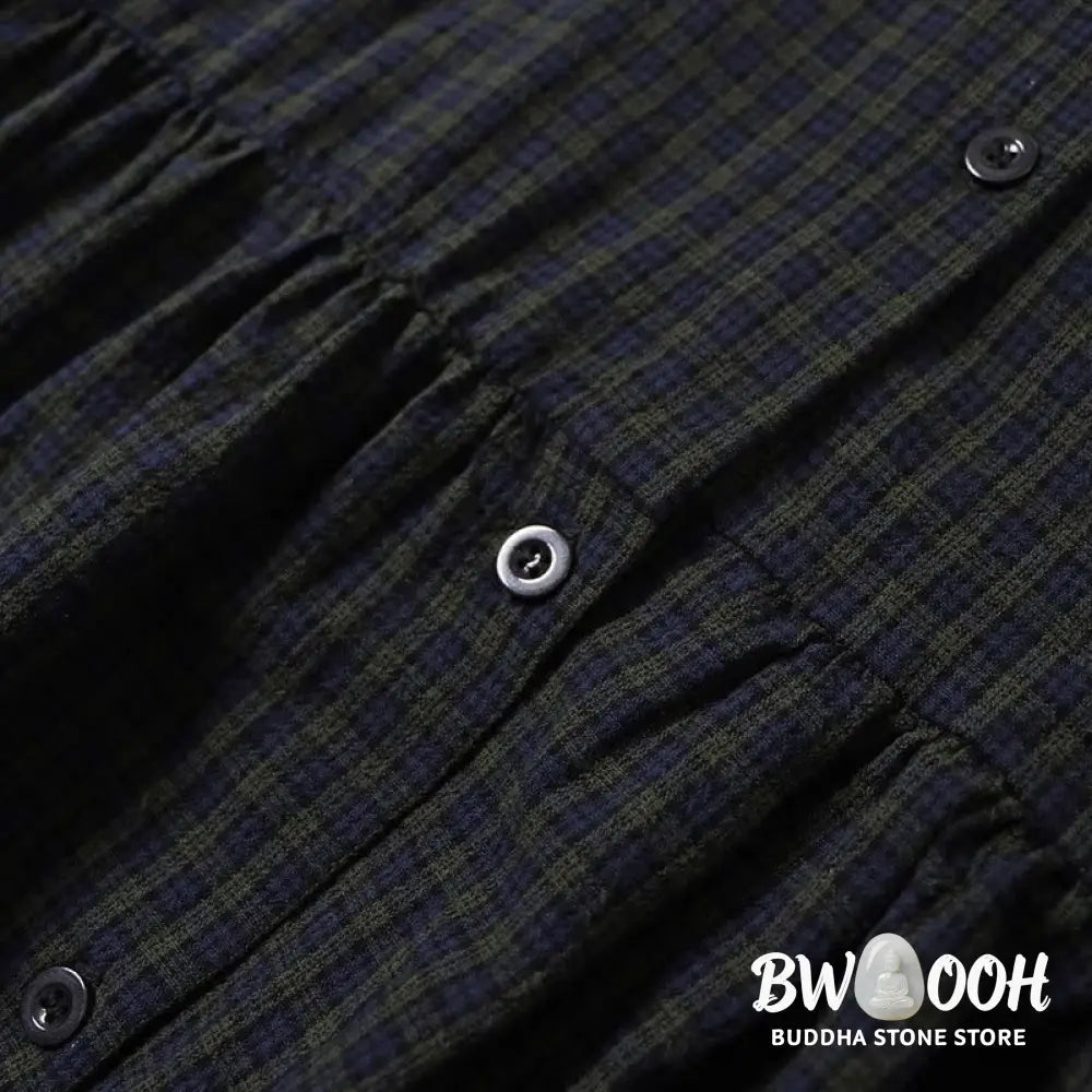 Buddha Stones Long Sleeve Plaid Simple Buttons Ruffled Design Midi Dress With Pockets - Midi Dress
