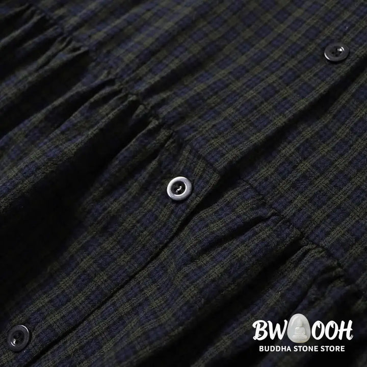 Buddha Stones Long Sleeve Plaid Simple Buttons Ruffled Design Midi Dress With Pockets - Midi Dress