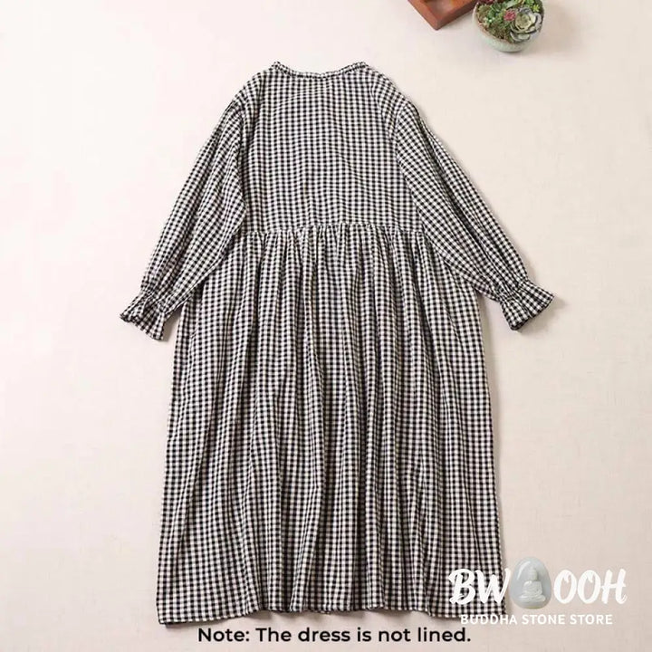 Buddha Stones Long Sleeve Plaid Simple Buttons Ruffled Design Midi Dress With Pockets - Midi Dress