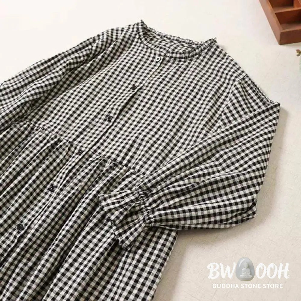Buddha Stones Long Sleeve Plaid Simple Buttons Ruffled Design Midi Dress With Pockets - Midi Dress