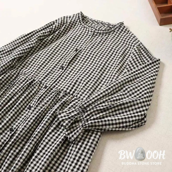Buddha Stones Long Sleeve Plaid Simple Buttons Ruffled Design Midi Dress With Pockets - Midi Dress