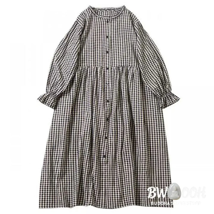 Buddha Stones Long Sleeve Plaid Simple Buttons Ruffled Design Midi Dress With Pockets - Midi Dress