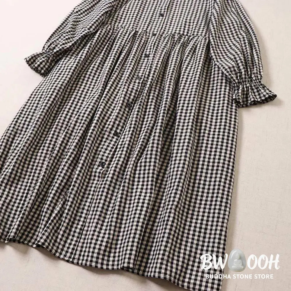 Buddha Stones Long Sleeve Plaid Simple Buttons Ruffled Design Midi Dress With Pockets - Midi Dress