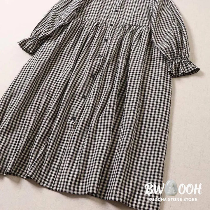 Buddha Stones Long Sleeve Plaid Simple Buttons Ruffled Design Midi Dress With Pockets - Midi Dress