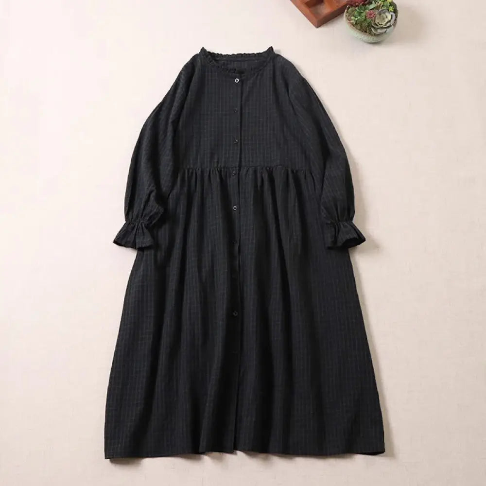 BWOOOH Long Sleeve Plaid Simple Buttons Ruffled Design Mi