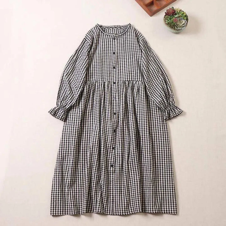 Buddha Stones Long Sleeve Plaid Simple Buttons Ruffled Design Midi Dress With Pockets - Black White Plaid