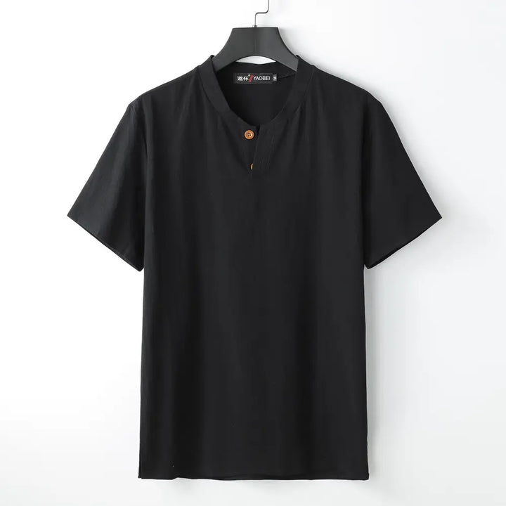 Buddha Stones Loose Men’s T-shirt Solid Color Top Short Sleeve Button Notched Neck Soft Shirt - Black / US/UK/AU34，EU44