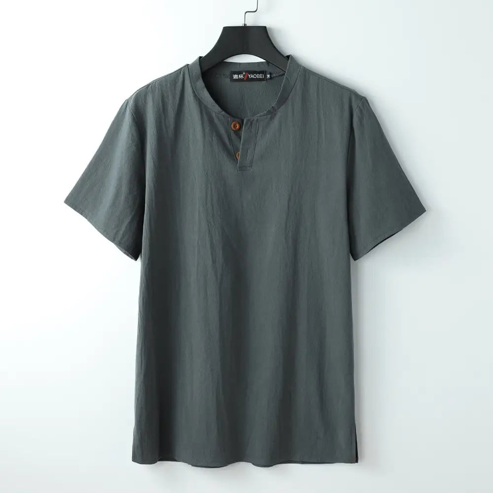 Buddha Stones Loose Men’s T-shirt Solid Color Top Short Sleeve Button Notched Neck Soft Shirt - Gray / US/UK/AU34，EU44