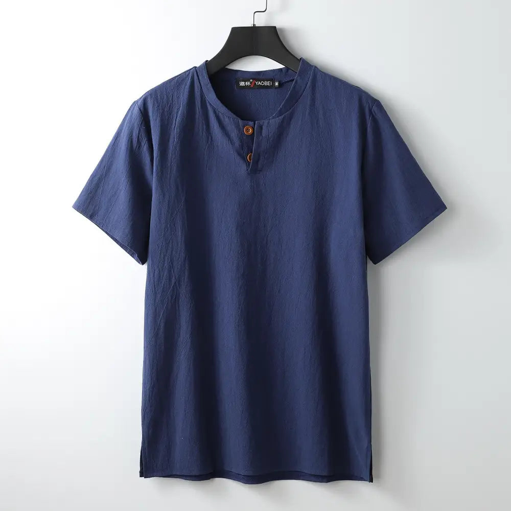 Buddha Stones Loose Men’s T-shirt Solid Color Top Short Sleeve Button Notched Neck Soft Shirt - MidnightBlue