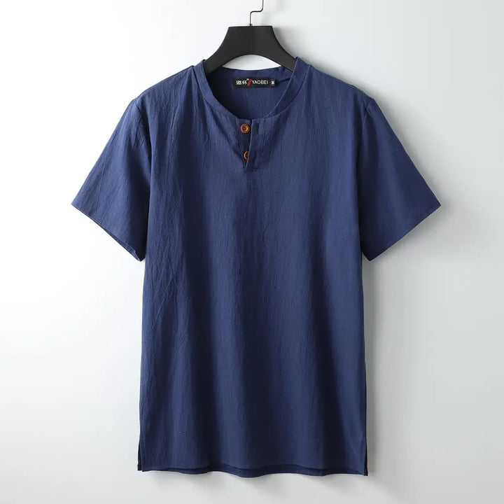 Buddha Stones Loose Men’s T-shirt Solid Color Top Short Sleeve Button Notched Neck Soft Shirt - MidnightBlue