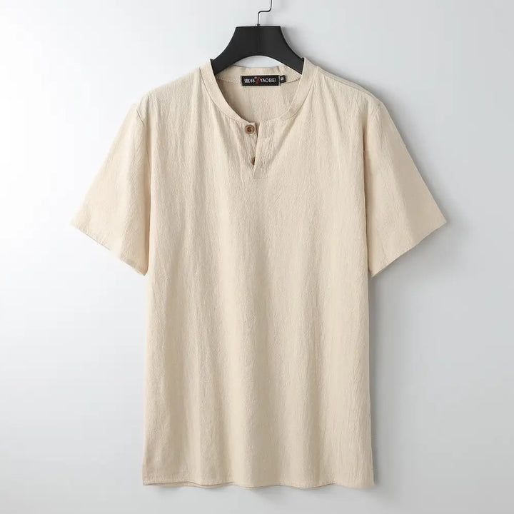 Buddha Stones Loose Men’s T-shirt Solid Color Top Short Sleeve Button Notched Neck Soft Shirt - Moccasin