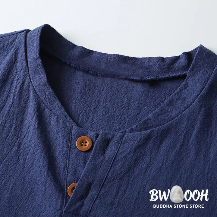 Buddha Stones Loose Men’s T-shirt Solid Color Top Short Sleeve Button Notched Neck Soft Shirt - Men’s T-Shirts