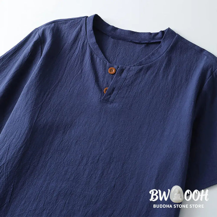 Buddha Stones Loose Men’s T-shirt Solid Color Top Short Sleeve Button Notched Neck Soft Shirt - Men’s T-Shirts