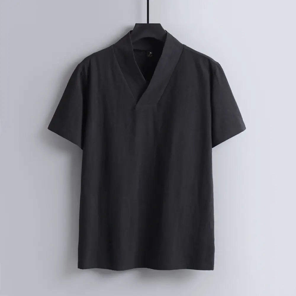 Buddha Stones Loose Men’s T-Shirt Solid Color Top Short Sleeve V Collar Breathable Linen Shirt - Black