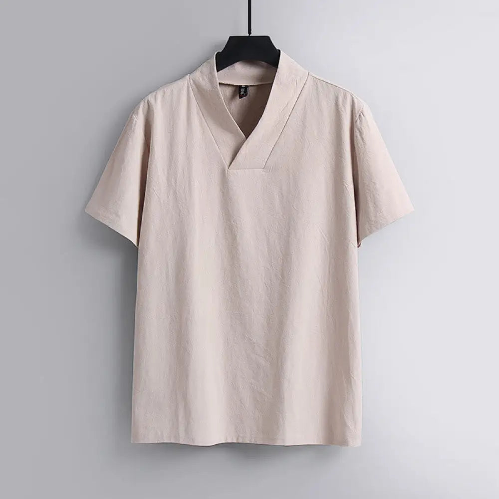 Buddha Stones Loose Men’s T-Shirt Solid Color Top Short Sleeve V Collar Breathable Linen Shirt - MistyRose