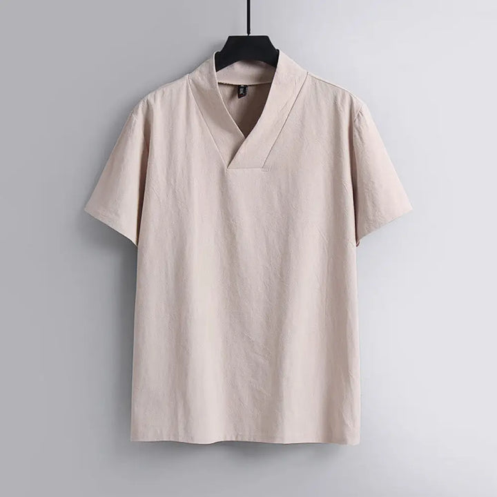 Buddha Stones Loose Men’s T-Shirt Solid Color Top Short Sleeve V Collar Breathable Linen Shirt - MistyRose