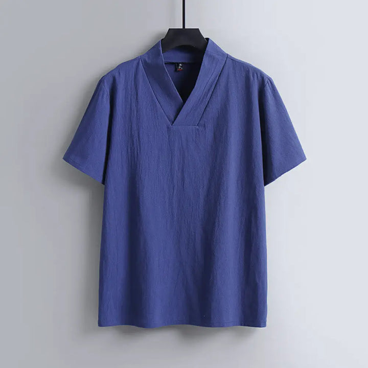 Buddha Stones Loose Men’s T-Shirt Solid Color Top Short Sleeve V Collar Breathable Linen Shirt - RoyalBlue