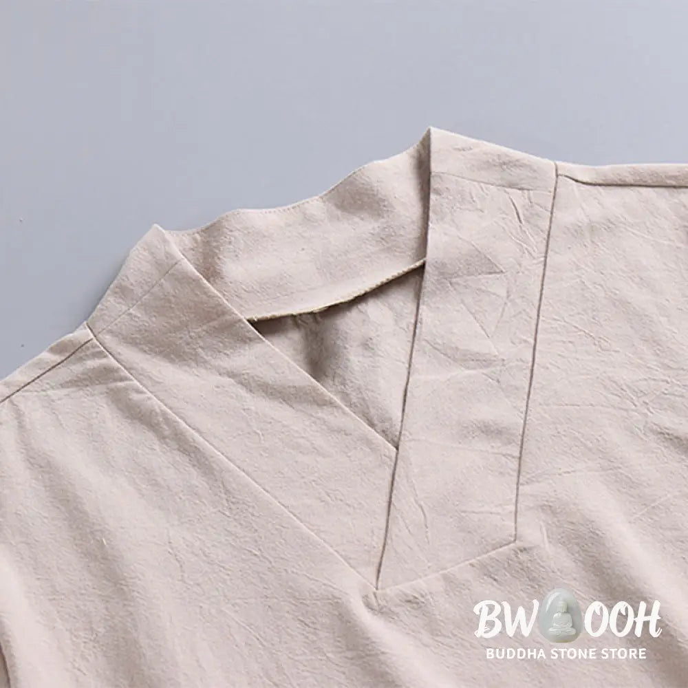 Buddha Stones Loose Men’s T-Shirt Solid Color Top Short Sleeve V Collar Breathable Linen Shirt - Men’s T-Shirts