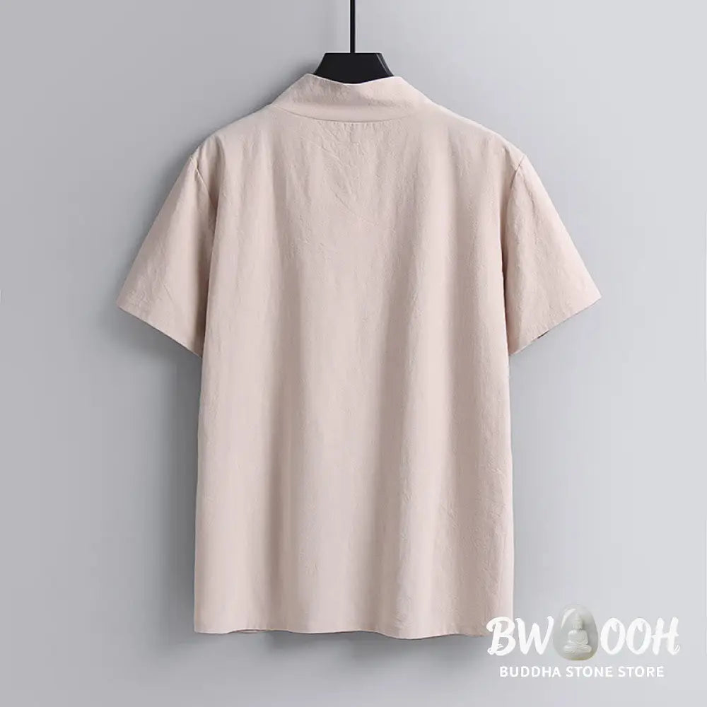 Buddha Stones Loose Men’s T-Shirt Solid Color Top Short Sleeve V Collar Breathable Linen Shirt - Men’s T-Shirts
