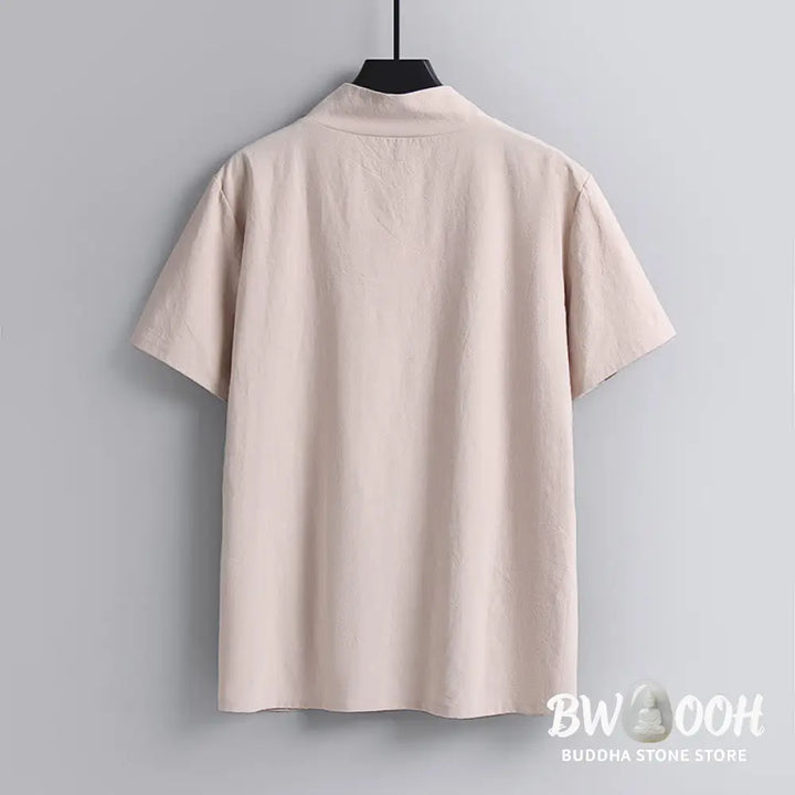 Buddha Stones Loose Men’s T-Shirt Solid Color Top Short Sleeve V Collar Breathable Linen Shirt - Men’s T-Shirts