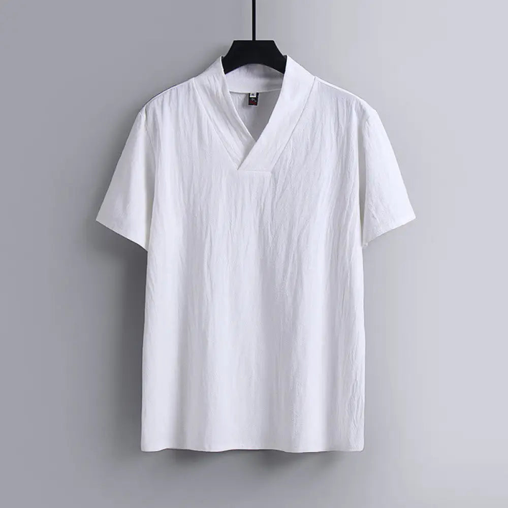 Buddha Stones Loose Men’s T-Shirt Solid Color Top Short Sleeve V Collar Breathable Linen Shirt - White