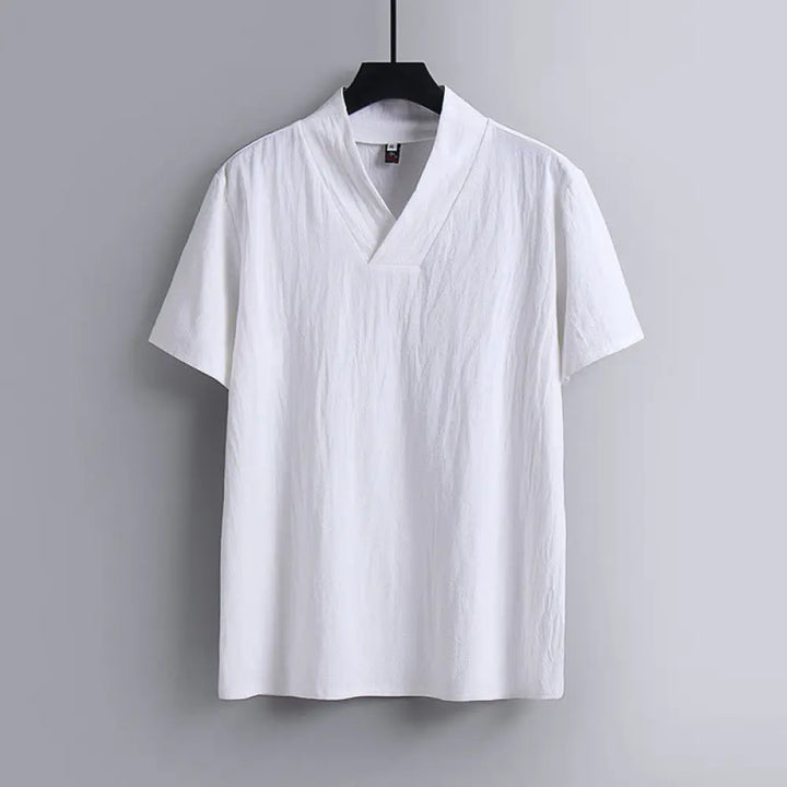 Buddha Stones Loose Men’s T-Shirt Solid Color Top Short Sleeve V Collar Breathable Linen Shirt - White