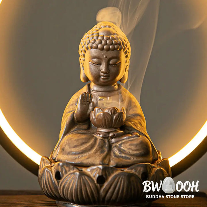 BWOOOH Buddha Lotus Backflow Smoke Fountain Ceramic Blessing Incense Burner With Light Decoration - Red Buddha