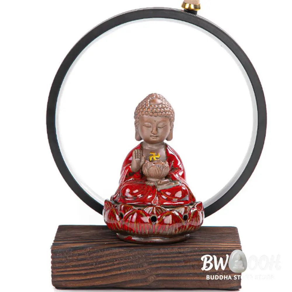 BWOOOH Buddha Lotus Backflow Smoke Fountain Ceramic Blessing Incense Burner With Light Decoration - Red Buddha