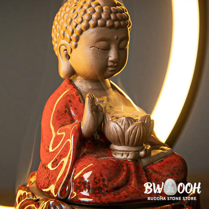BWOOOH Buddha Lotus Backflow Smoke Fountain Ceramic Blessing Incense Burner With Light Decoration - Red Buddha
