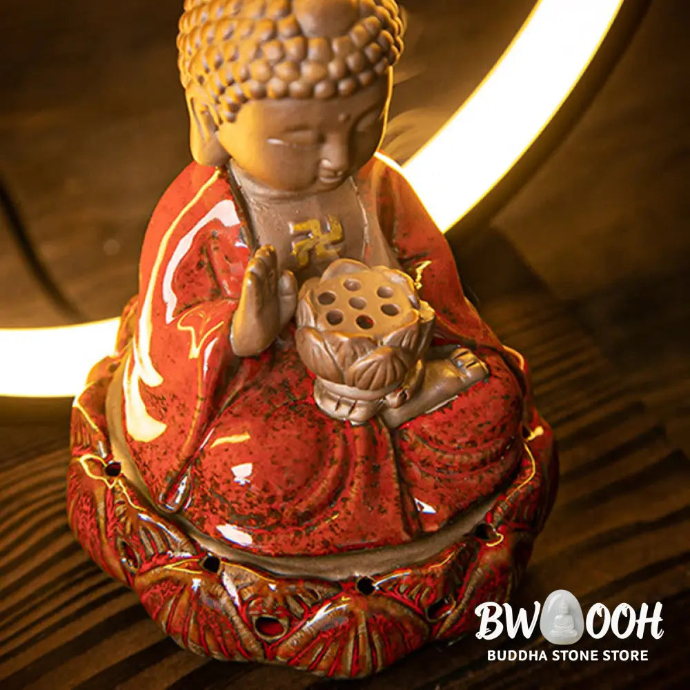 BWOOOH Buddha Lotus Backflow Smoke Fountain Ceramic Blessing Incense Burner With Light Decoration - Red Buddha