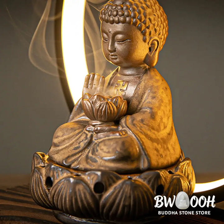 BWOOOH Buddha Lotus Backflow Smoke Fountain Ceramic Blessing Incense Burner With Light Decoration - Red Buddha